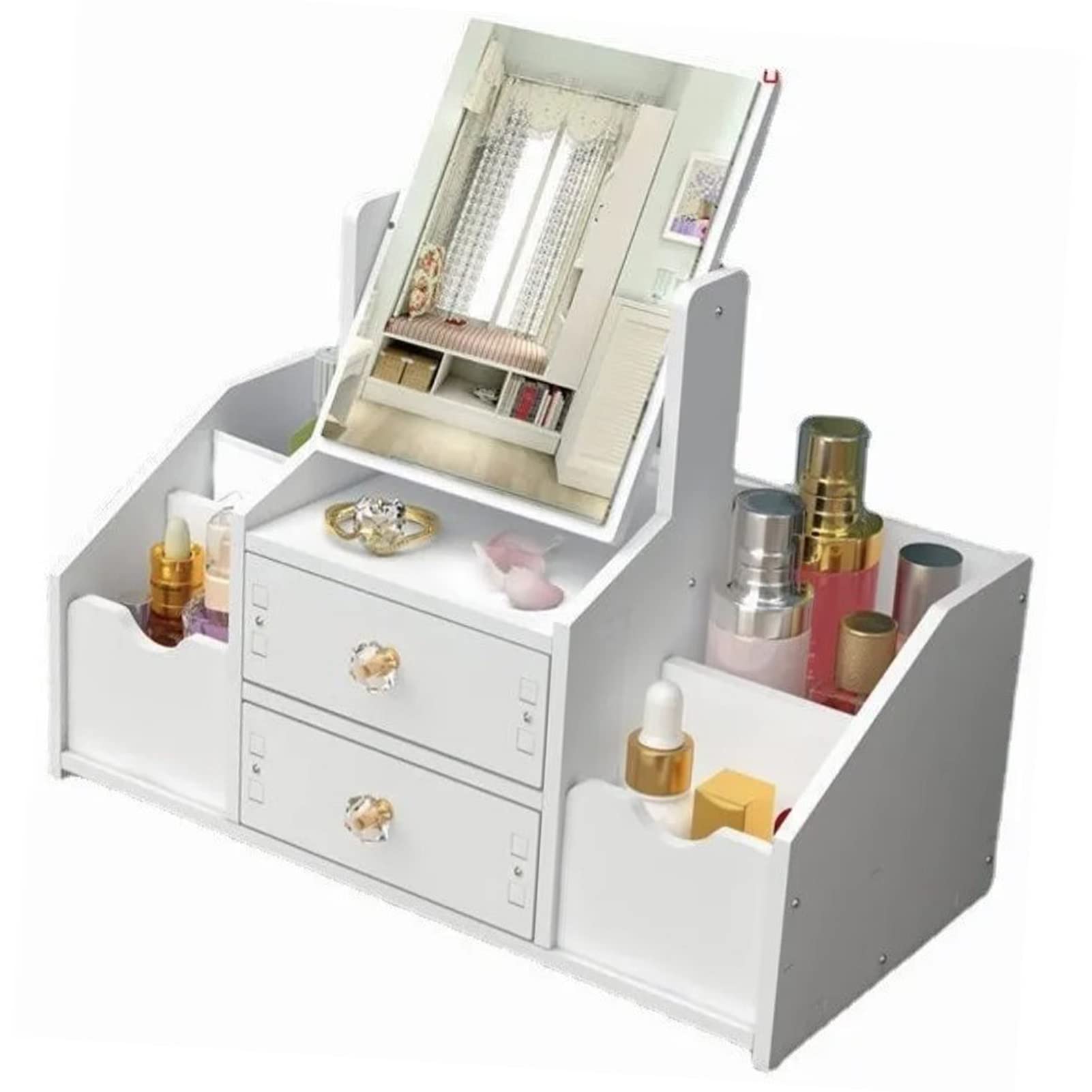 Alvinlite Makeup Organizer with Drawers, Large Brushes Container, with Cat Shape Mirror Makeup Brush Holder, for Vanity Desktop Bathroom Countertop