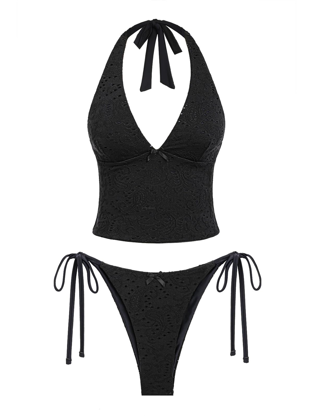 Photo 1 of seamoly Vintage Eyelet Jacquard Textured Bowknot Decor Halter Tie Side Tankini Set, Black, L