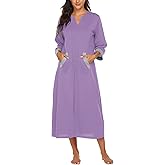 Ekouaer Women Zipper Robe 3/4 Sleeves Loungewear Dress Full Length Sleepwear Pockets Housecoat Nightgown Long Bathrobe