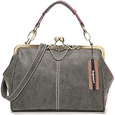 Segater Women Vintage Small Retro Handbags Kiss Lock Crossbody Purse Frosted Leather Messenger Bag Tote