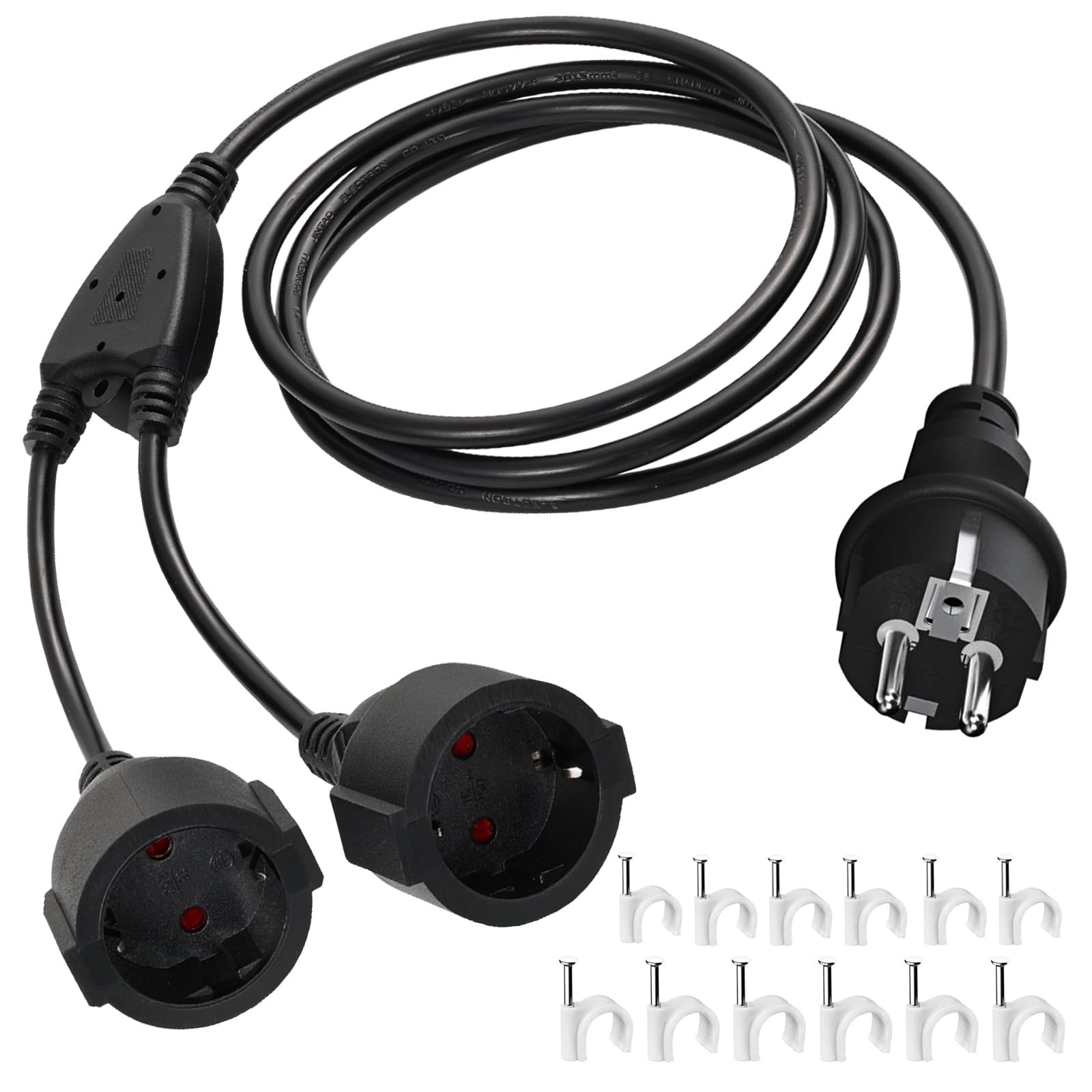 Verlängerungskabel Doppelstecker für Steckdose 2m, Schuko Mehrfachstecker 2 Fach Steckdosen 2er Steckdosenadapter 3680W Verlängerung Doppelsteckdose Außen für Zuhause, Büro Außenbereich Schwarz