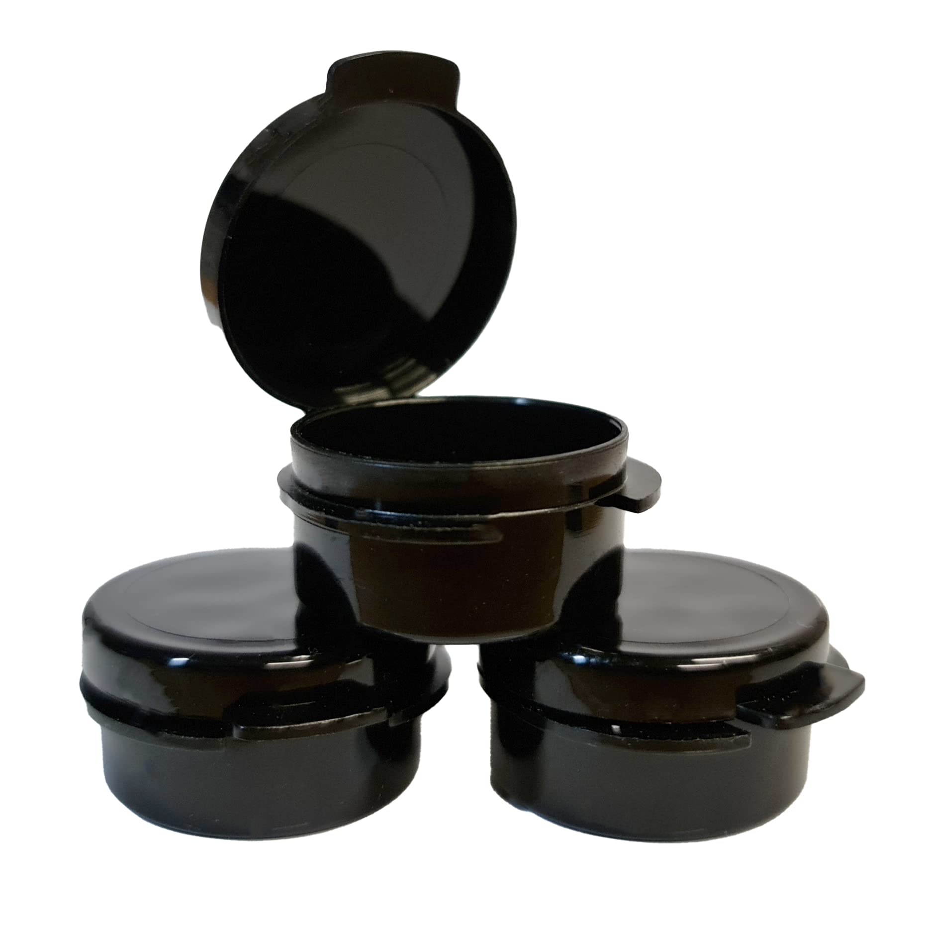 10 x 5ml Mini Hinged Lid Pots - Black - Cosmetic Make Up Travel Containers - Flip Top Sample Jars - Pills/Medication