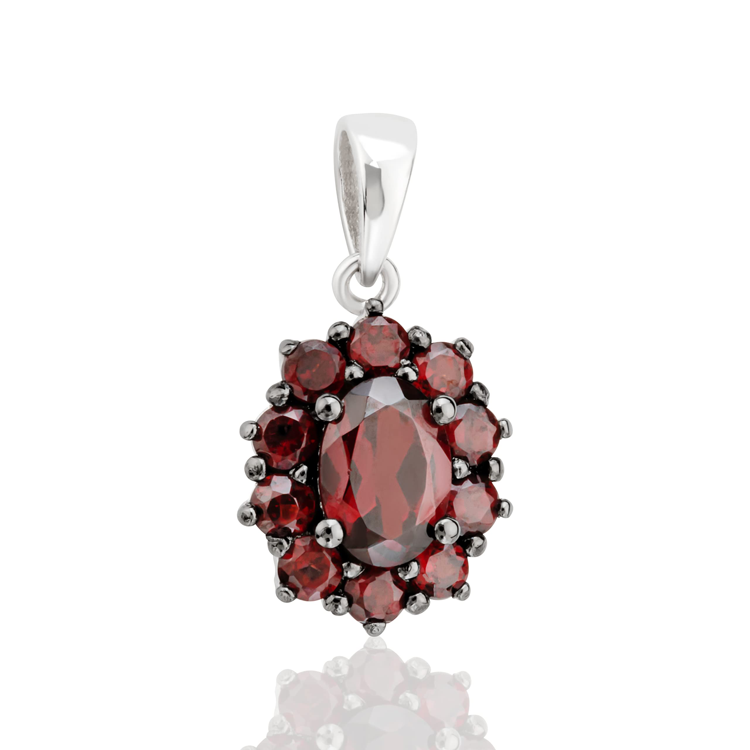 NKlaus Sterling Silver Genuine Garnet Pendant Rhodium Plated Oval Flower Pendant