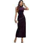 Capuffy Women Backless Velvet Maxi Dress Back Slit Ruched Bodycon Formal Dress High Neck Cocktail Party Dress 091