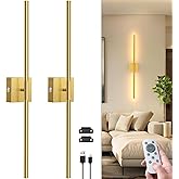 NIORSUN 28 Inch Battery Operated Wall Sconce Set of 2, 360° Rotation Gold Rechargeable Wall Lights with Detachable Tube and R
