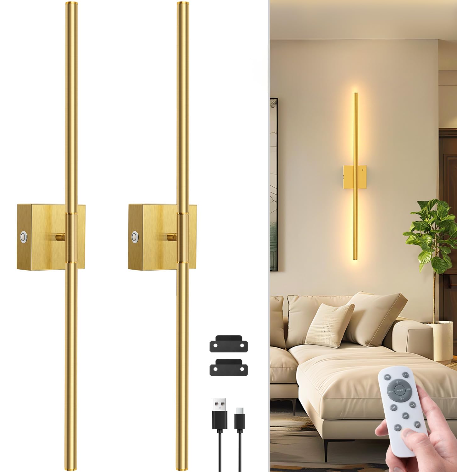 Photo 1 of ****UNTESTED*****NIORSUN 28 Inch Battery Operated Wall Sconce Set of 2, 360° Rotation Gold Rechargeable Wall Lights with Detachable Tube and Remote, 3CCT Dimmable Wireless Wall Lamp for Living Room Bedroom Hallway