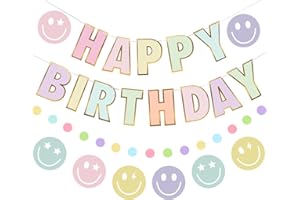 Danadia Pre-Strung Happy Birthday Banner, Pastel Birthday Decorations with Smiley Face and Circle Dot Garland,NO DIY Preppy Party Decorations for Women Girls Men Boys