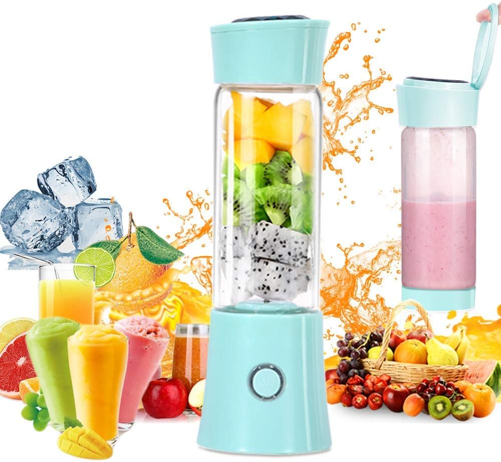 Portable Blender,Household Personal Smoothie Blender Mini Juicer Cup 480ML Fruit Juice Mixer with USB Rechargeable and 6 PCS Stainless Steel Blades for Home Outdoor, CE & FDA Approved (White) (Blue)