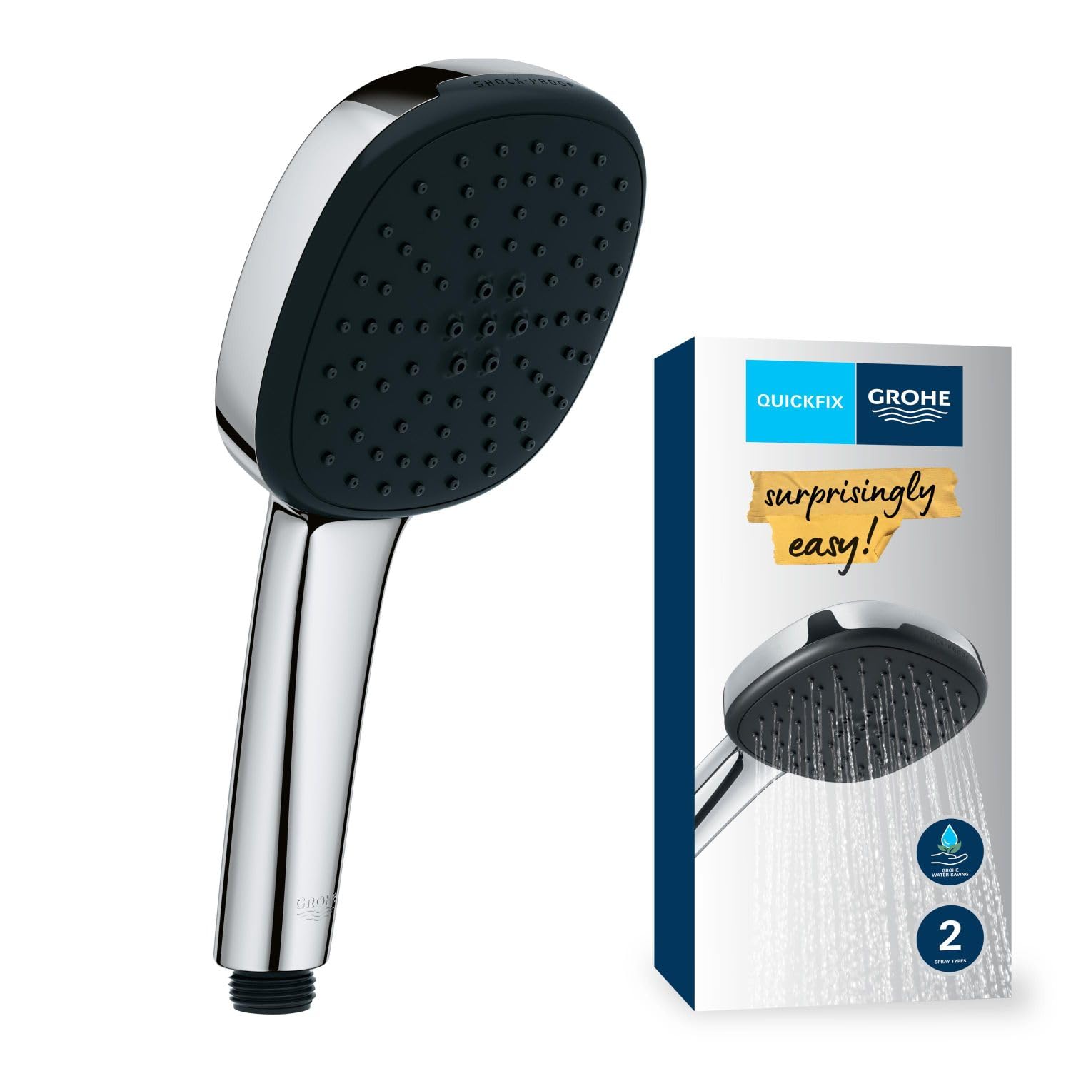 GROHE Vitalio Comfort 110 QuickFix - Hand Shower (Square 11 cm Shower Head, 2 Sprays: Rain & Jet, Extra Water Saving, Anti-Limescale System, Universal Mounting System), Chrome, 2639710E