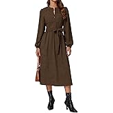 EZAPINE Corduroy Dress Women Long Puff Sleeve Zip Up Vintage Fall Winter Midi Dress with Belt