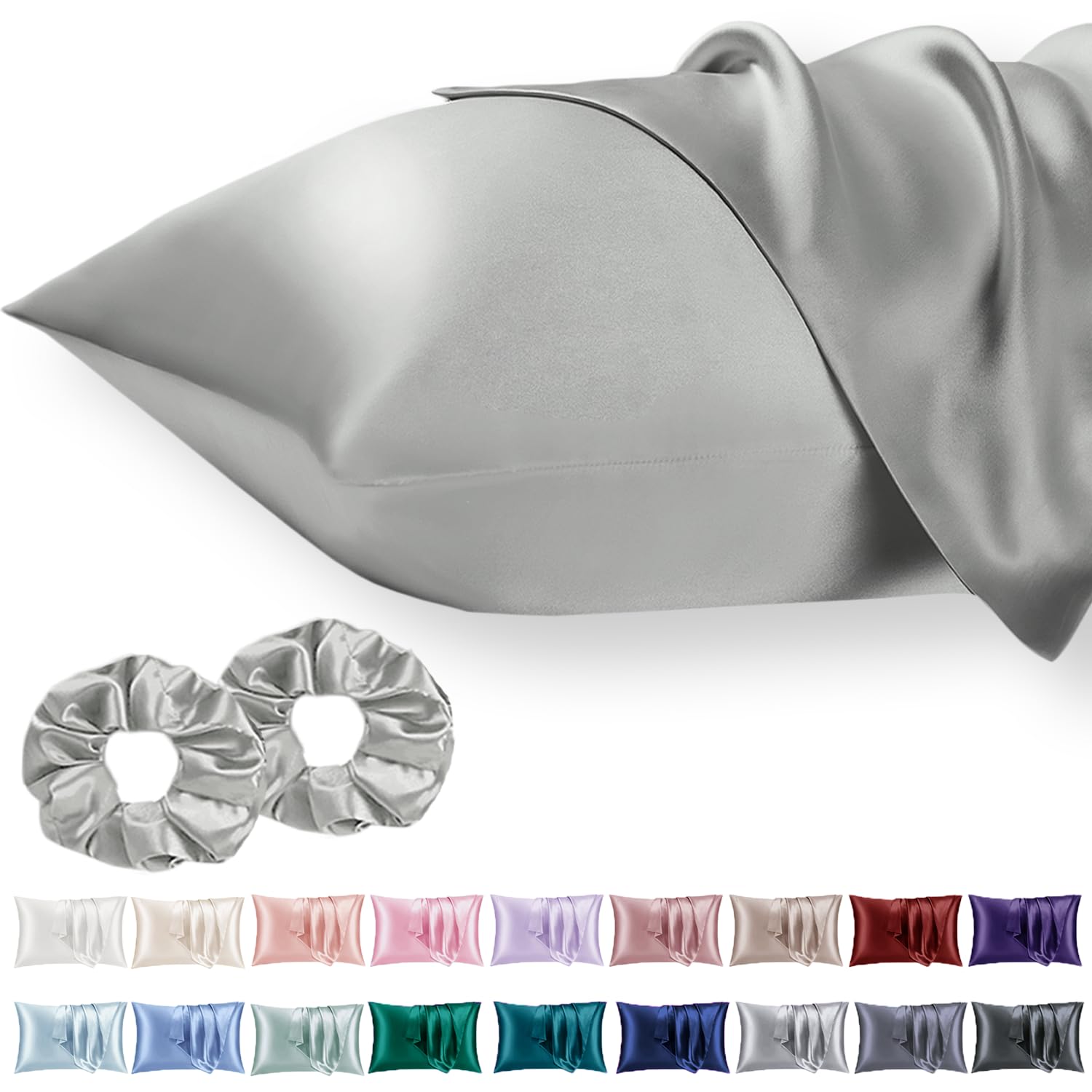 Vielit 2 Pack Satin Pillowcase for Hair and Skin Cooling,Soft as Silk Pillowcase for Hair and Skin,Easier Care than Silk Pillow Case Light Grey 50x75cm Gifts for Women Envelope & 2 Scrunchies