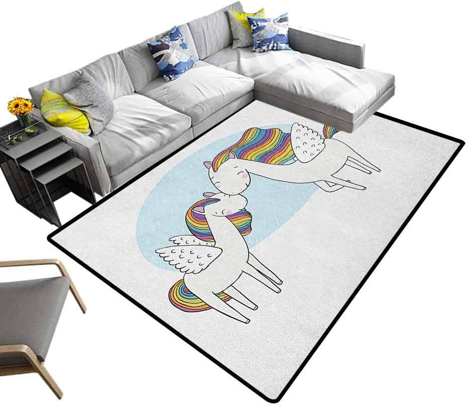 Camping Mat Unicorn, Chic Vintage Distressed Area Rug Pegasus Horses with Manes in Rainbow Colors and Wings Sweet Mythological Kids Tale for Living Room Bathroom Enterway Multicolor, 4 x 4 Feet