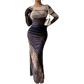 MOEENCN Women Sheer Mesh Maxi Dress Long Sleeve Bodycon Birthday Outfits Ruched Tie Dye Cocktail Club Party Dresses