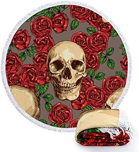 Beach Towels Round Roundie Rose Skull Blankets Microfiber Thick Terry Oversized Yoga Picnic Mat Ultra Soft Hanging Tablecloth Decorations With Colorful Fringe Tassels