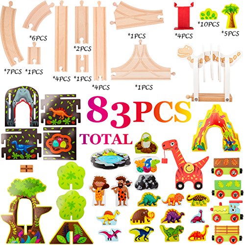 COSSY Dinosaur Theme Wooden Train Set - 81 pcs Railway Tracks & Accessories, Magnetic Trains Cars for Toddlers & Older Kids (Large)