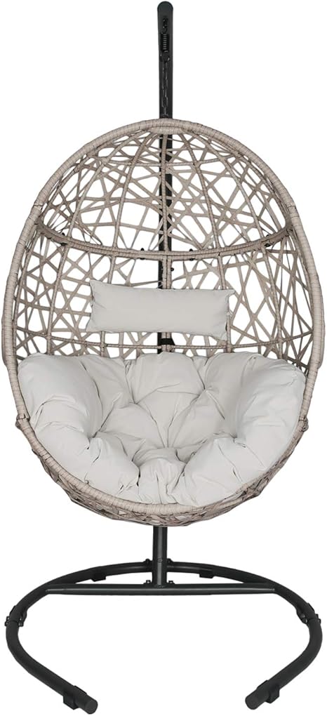 Amazon Com Ulax Furniture Outdoor Patio Wicker Hanging Basket Swing Chair Tear Drop Egg Chair With Cushion And Stand Beige Kitchen Dining