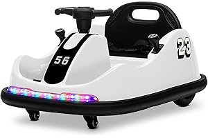 Kidzone 12V 2 Driving Mode (Steering Wheel/Joystick) Ride On Bumper Car for Kids & Toddlers 1.5-6 Year Old DIY Sticker Baby Bumping Toy Gifts W/Remote Control LED Lights, 360 Degree Spin