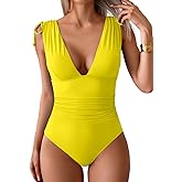 Maevier One Piece Swimsuit for Women Tummy Control Ruched Bathing Suit Sexy High Cut Swimwear V Neck Swim Suit