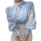 Women’s Elegant Lace Trim Shirts Casual Victorian Blouse Long Sleeve Button Down Tops