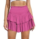 MiiVoo Women's High Waist Ruffle Flowy Mini Skirts Stretchy Waist Solid Lined Layered Pleated Casual Beach Short Skirt