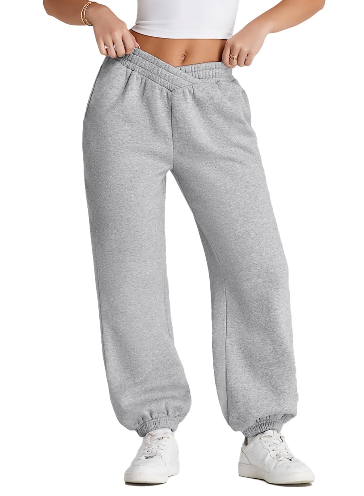 Photo 1 of Herseas Women's V Crossover High Waist Sweatpants Baggy Y2K Jogger Pants Loose Fleece Lounge Pants with Pockets Large Light Gray LARGE