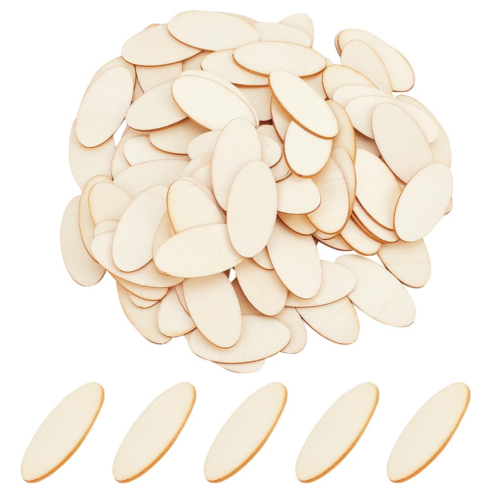 NBEADS 100 Pcs Unfinished Wood Cutouts, Oval Shape Wood Pieces Wooden Cutouts Wood Discs Slices Natural Wood Embellishments for Drawing Art Craft Christmas and Wedding Decoration