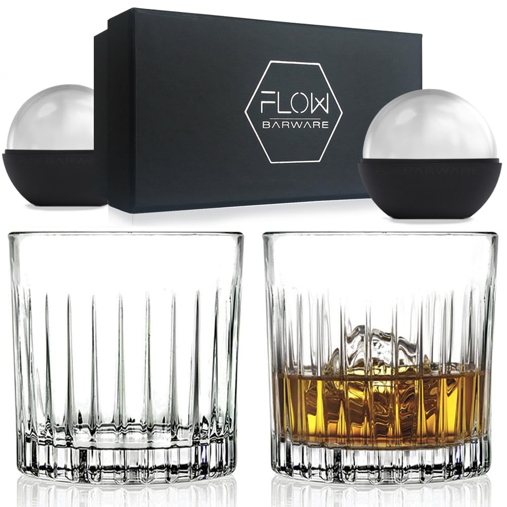 FLOW Barware Deco Crystal Whiskey Glasses Set of 2 | 330ml Whisky Glasses Gift Set Perfect Whisky Tumbler Glasses for Scotch, Bourbon, Gin & Tonic, Negroni Glass Gift Set