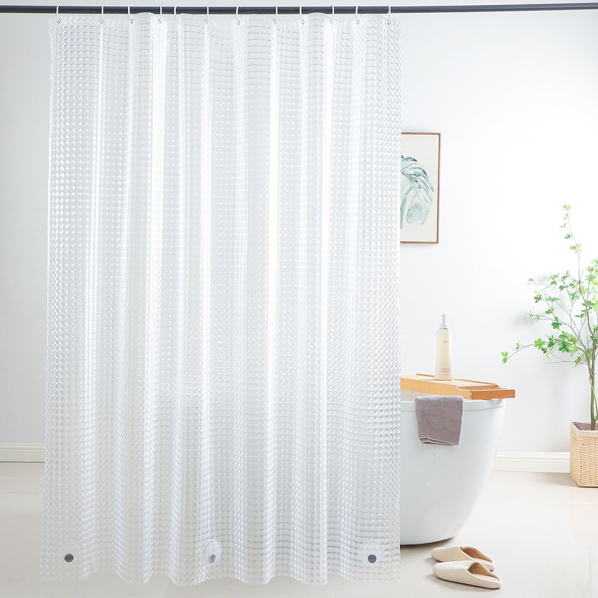 WellColor Shower Curtain Liner 74 Inches Long, EVA Heavy Duty Clear Shower Liner with 3 Strong Weights, 3D Square, 72 x 74 Inch