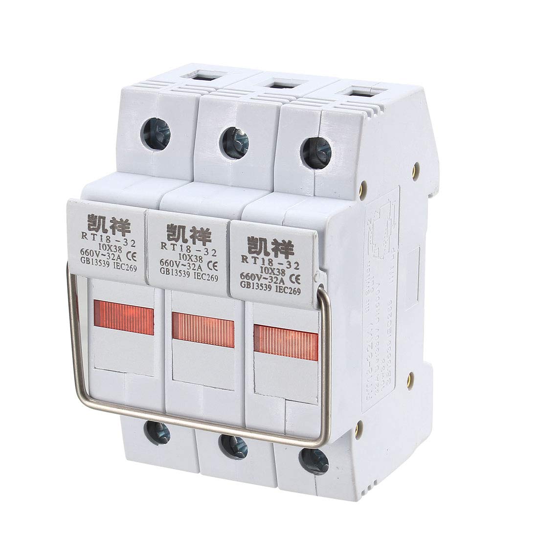 uxcell DIN Rail Mount Fuse Holder 3 Pole RT18-32 10mmx38mm with Indicator Light Gray