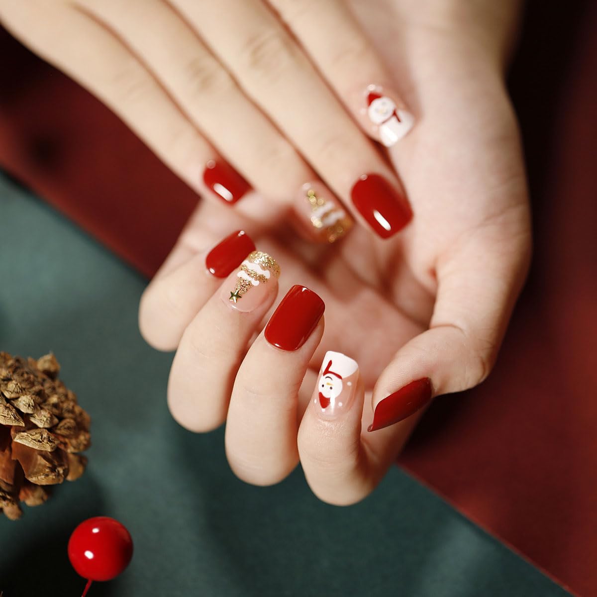 Clataly 24 Pcs Christmas Cute Santa Claus Snowflake Elk Fake Nails Short Square Nail Press On False Nails (D)