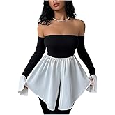 GORGLITTER Women's Color Block Off The Shoulder Top Ruffle Long Sleeve Split Asymmetrical Hem Shirt Going Out Tops