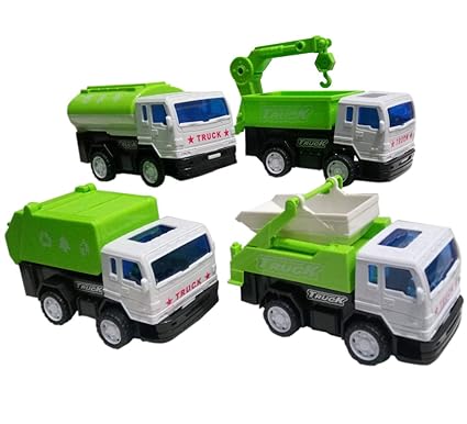 IndusBay Smart City Construction Automobile Truck Vehicle Kit Toy Set of 4 City Service - Dumper Truck, Garbage Truck Water Tanker and Tow Truck -Pull Back Vehicles