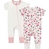 Teach Leanbh Baby Boys Girls 2 Pack 2 Way Zipper Footless Pajamas Cotton Short Sleeve Printing Romper Sleep and Play