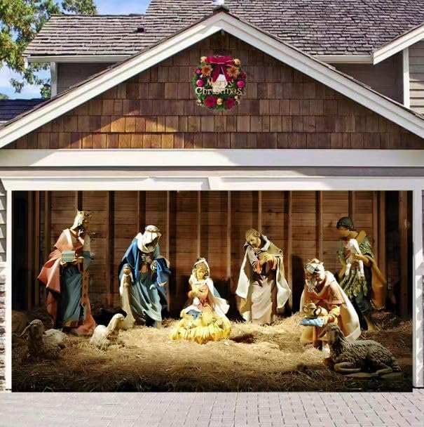 Garage Door Decorations - 7 x 16 ft Merry Christmas Holiday Banner Garage Door Cover Murals Winter Snowman Santa Outdoor Large Door Cover Decoration Indoor Outdoor Christmas Backdrop Decoration (Garage Door Decorations16)