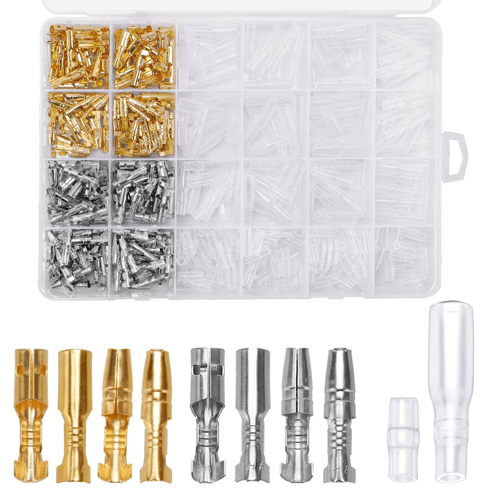 YIXISI 400 PCS 3.9mm Copper Male and Female Bullet Terminals Wire Connector Block with Male Female Insulation Covers, for Motorcycle Car Truck Scooter Boats Electric Instruments, Golden and Silver