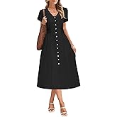 MOLERANI Women's Summer Casual Midi Dresses 2026 V Neck Short Sleeve Waffle Knit Elastic Waist A Line Flowy Dress Pockets