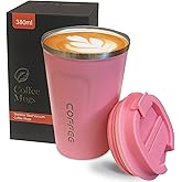 YINBAOGE Insulated Travel Coffee Mug, Spill & Leak Proof, Portable To Go Camping Stainless Steel Coffee Tumbler, Reusable Thermal Coffee Cup with Lid for Hot & Cold Drinks (2nd-Pink, 12 OZ)