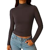 ForeFair Womens Turtleneck Mock Neck Long Sleeve Shirts Going Out Double Lined Crop Tops Slim Fitted Basic Tee