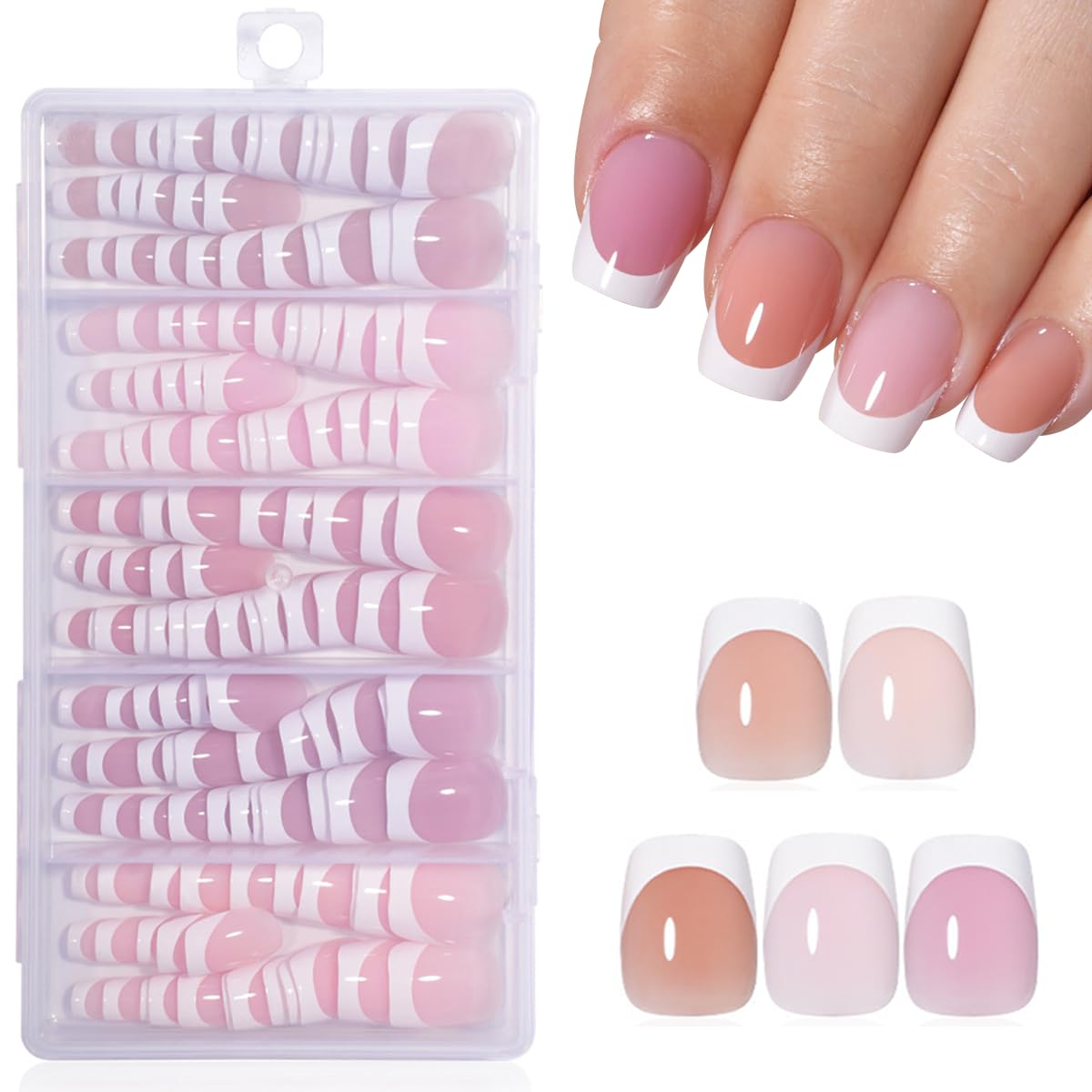 Photo 1 of 150Pcs French Tip Press on Nails Short Square Fake Nails White French Tip Stick on Nails Nude False Nail Soft Gel Artificial Handmade Acrylic Glue on Nail for Women Manicure 5Pack