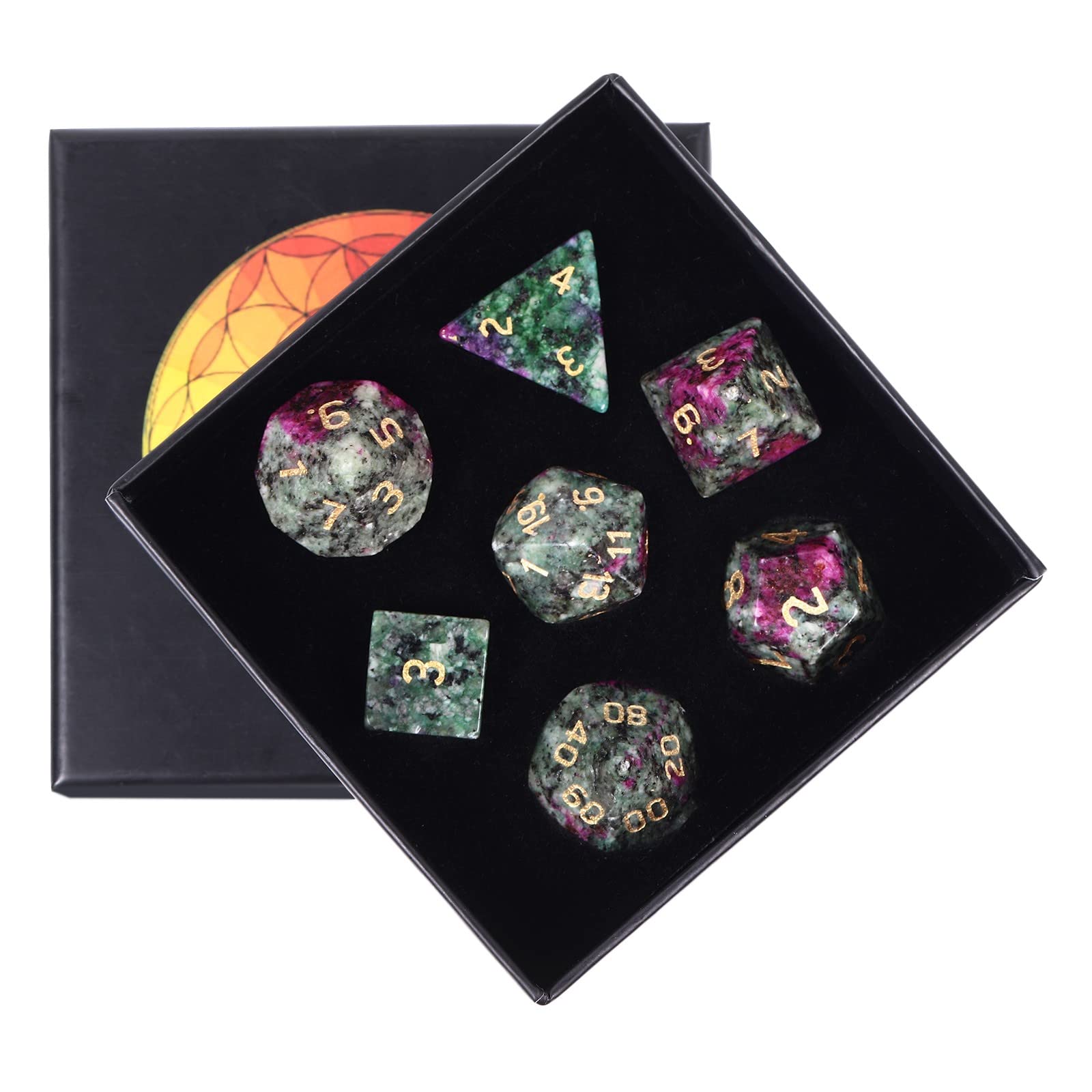 KYEYGWO Ruby in Fuchsite Crystal Stone Polyhedral Dice Set, 7 Pieces Gemstone Dice for Dungeons and Dragons RPG DND, DND Gifts for Men Women — image 1