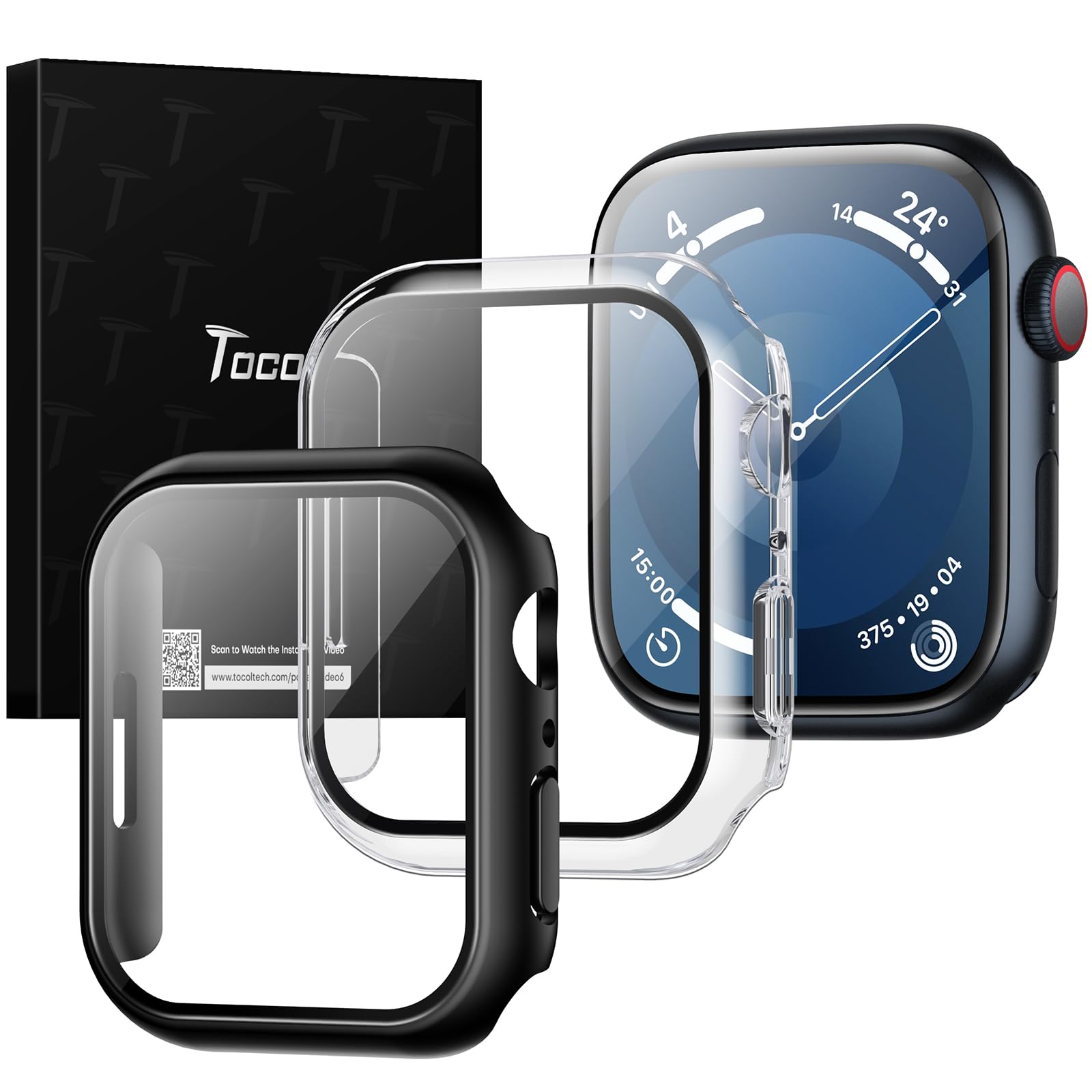 TOCOL 2 Pack Screen Protector for Apple Watch 41mm, Apple Watch Series 9/8/7 Case with Built-in Tempered Glass, HD Clear Military-Grade Shockproof Easy Installation for iWatch 41mm - Black+Clear