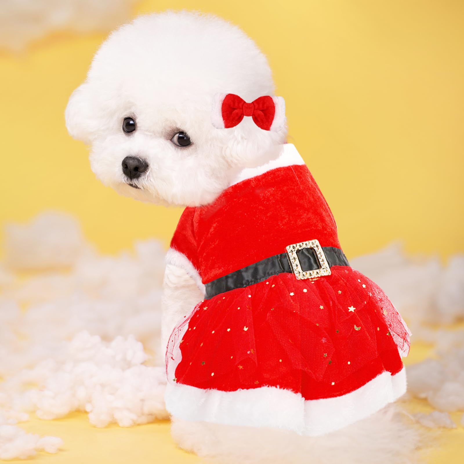 Cute Pet Christmas Costume, Girl Dog Red Holiday Dress with Bow Hairband, Cat Velvet Skirt Dog Costume Christmas Outfits for Small Medium Cats Dogs Pets Cosplay Party Xmas New Year, (M)