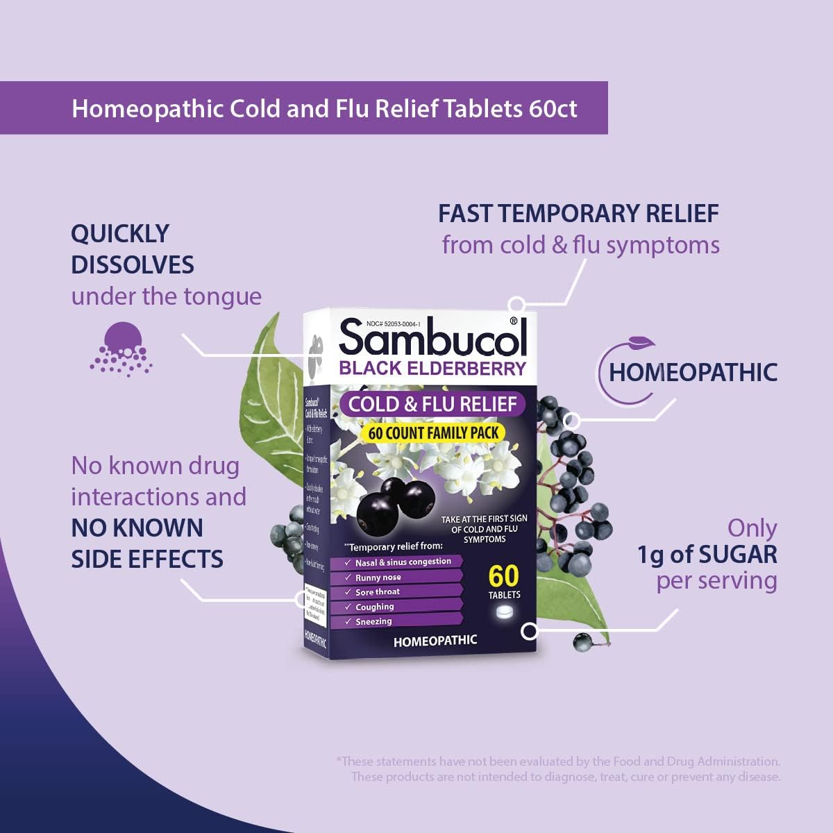 Sambucol Cold and Flu Relief Tablets - Homeopathic Cold Medicine, Cold Remedy for Adults, Black Elderberry for Colds, Zinc Cold Remedy - 60 Count