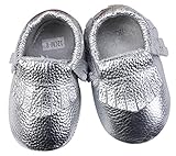 Unique Baby 100% Genuine Leather Baby Moccasins Anti-Slip Shoes S (5.1 inches) Silver