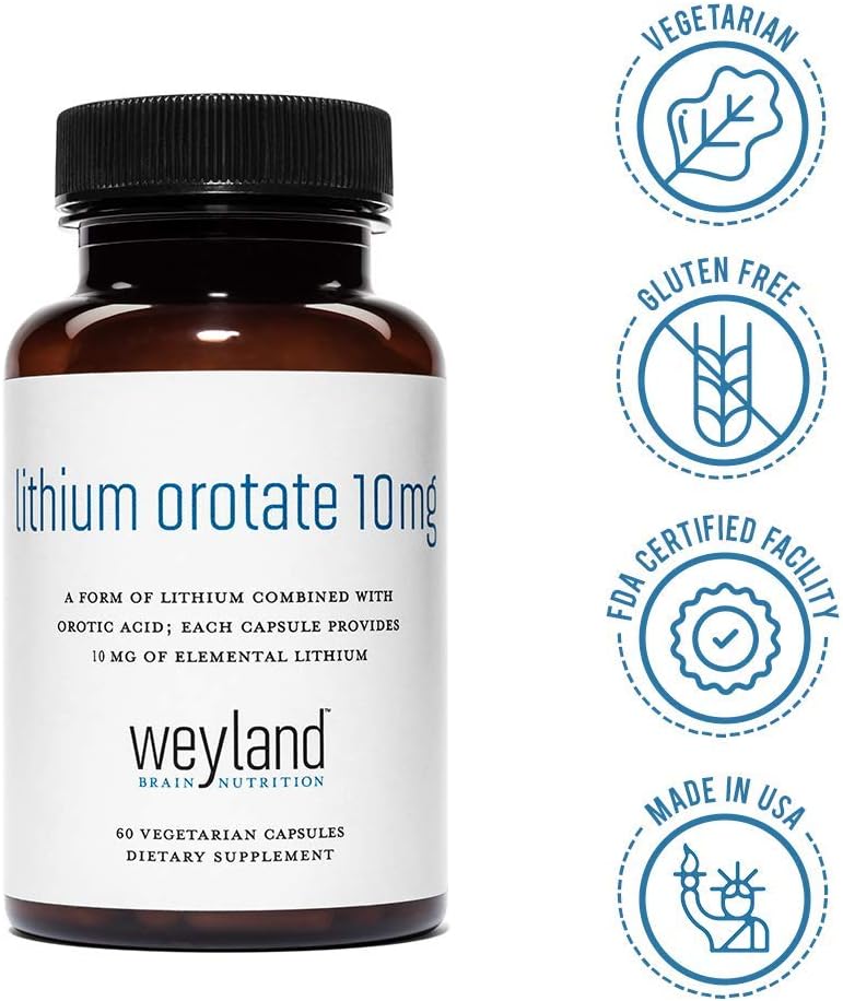 Weyland Brain Nutrition: Lithium Orotate 10mg (1 Bottle), 60 Vegetarian Capsules, Lithium Supplement Supports Healthy Mood, Behavior, Memory and Wellness: Health & Personal Care