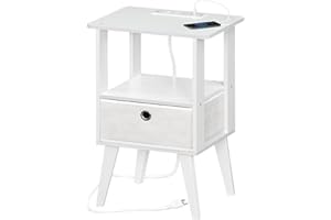 LELELINKY White Nightstand with Charging Station and USB Ports, 2 Tier Night Stand with Drawers Open Storage Shelf, Modern Narrow Sofa Side Tables, Small Wood End Table for Bedroom,Living Room