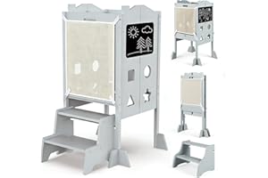 HONEY JOY Foldable Toddler Tower, Wooden Kitchen Stool Helper with 2 Step Stool, Anti-Slip Feet, Chalkboard, Kids Learning St
