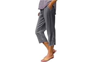 Cotton Linen Capri Pants Women's Elastic Waist Straight Capris Lightweight Slacks Clothes Cropped Trousers with Slits