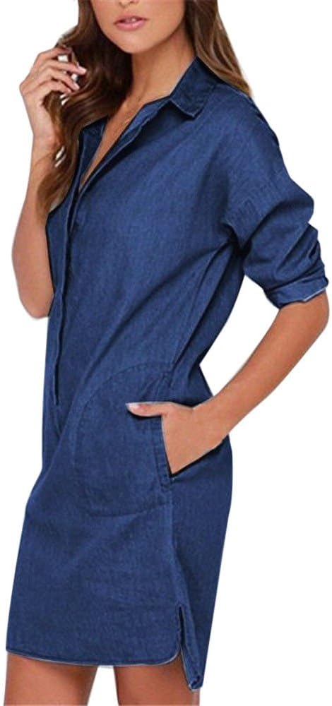 Denim Dress for Women Casual Lapel Blouse Ladies Long Sleeve Denim Jeans T Shirt Dress Tops (Blue, Large)