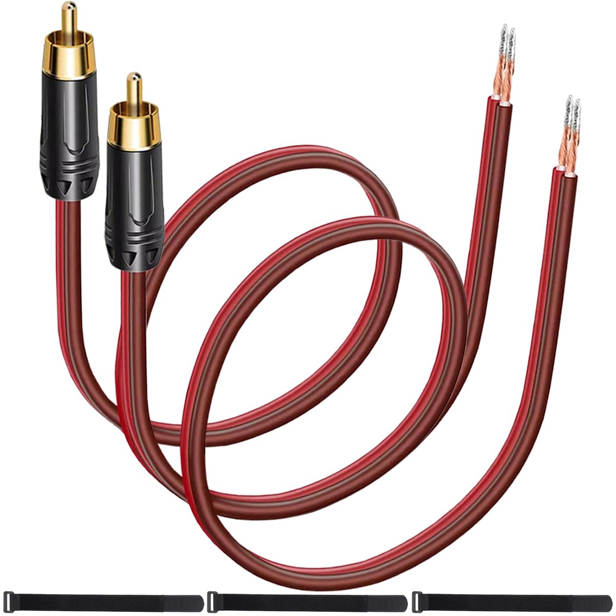 MKBKLLJY 2Pcs RCA to Bare Wire Speaker Cable 2FT/61CM 16AWG Positive Red Wire Marking Pure Copper Shell Gold Plated Plug Corrosion Resistance with Cable Ties for Direct Connect Speakers and DIY Plugs